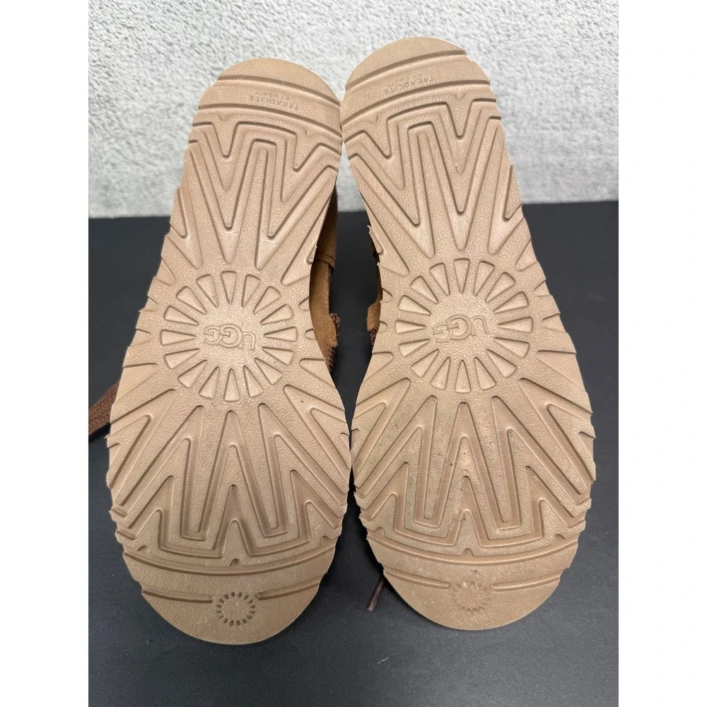 UGG Wedge Boots Women Sz 7.5 Chestnut Brown Suede Shearling Femme Lace Up Ankle